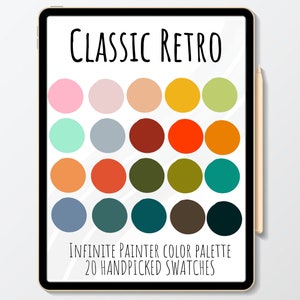 Op de afbeelding: Een digitaal tabletscherm dat een kleurenpalet weergeeft met 20 handgekozen kleursamples. Het palet heeft de titel "Classic Retro" en bevat kleuren zoals roze, groen, oranje, bruin en teal.