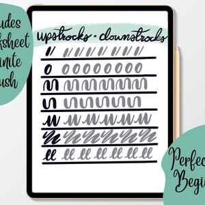 May include: A digital tablet screen displaying a worksheet for practicing upstrokes and downstrokes in calligraphy. The worksheet features lines with different letter shapes, including 'l', 'o', 'm', 'n', 'w', and 'e'. The text "upstrokes downstrokes" is written at the top of the screen. The text "Perfect For Beginners" is written in a handwritten font on a green background.