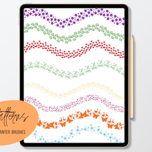 May include: A digital tablet screen displaying a variety of colorful patterns, including stars, rainbows, hearts, leaves, smiley faces, butterflies, and snowflakes. The patterns are arranged in a wavy line format. The text "Patterns" and "Infinite Painter Brushes" is displayed at the bottom of the screen.