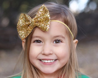 Old Gold · Mini Medium OR Classic Glitter Hair Bow / Baby Girl Headband / Baby Headband / Gold Bow / Gold Headbands / Toddler Hair Clip