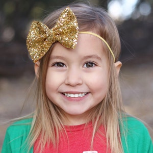 Old Gold Mini Medium OR Classic Glitter Hair Bow / Baby Girl Headband / Baby Headband / Gold Bow / Gold Headbands / Toddler Hair Clip image 1