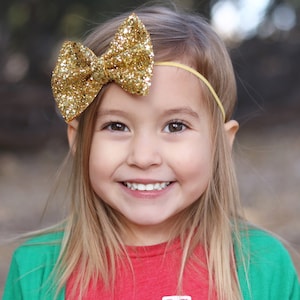 Old Gold Mini Medium OR Classic Glitter Hair Bow / Baby Girl Headband / Baby Headband / Gold Bow / Gold Headbands / Toddler Hair Clip image 1