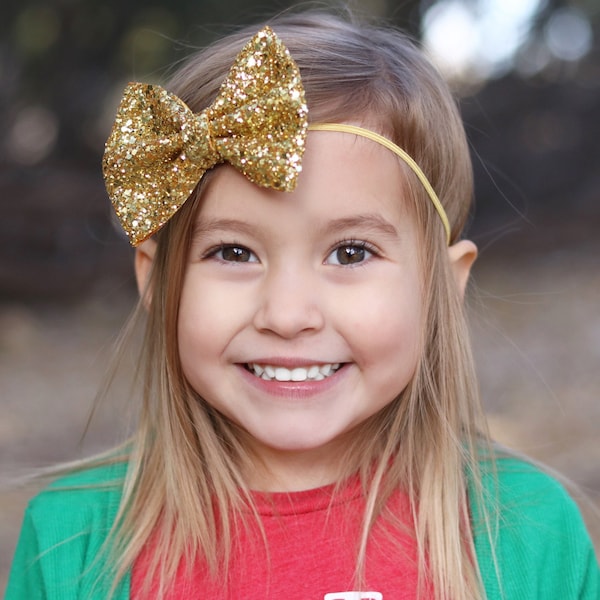 Old Gold · Mini Medium OR Classic Glitter Hair Bow / Baby Girl Headband / Baby Headband / Gold Bow / Gold Headbands / Toddler Hair Clip