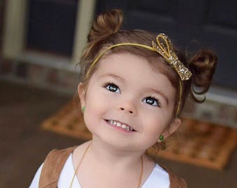 Pale Gold Glitter Hair Bows / Baby Headband / Hair Bow on Nylon Band / Toddler Hair Clip / Glitter Hair Piece / School Girl Hair Bow