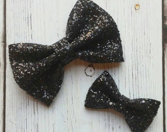 Metaliczny czarny · Mini średni lub klasyczny brokatowy kokarda do włosów / opaska na głowę dla dziewczynki / opaska na głowę dla dziecka / czarna kokarda / czarne opaski na głowę spinki do włosów