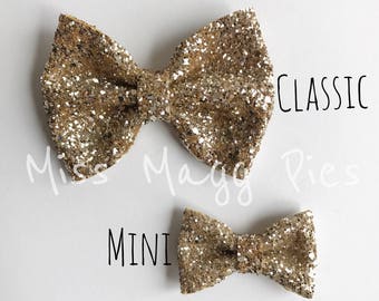 Pale Gold · Mini Medium OR Classic Glitter Hair Bow / Baby Girl Headband / Baby Headband / Gold Bow / Gold Headbands / Toddler Hair Clip