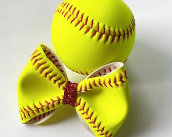 Softball Hair Bow / Leather Softball Bow / Baby Girl Headband / Toddler Hair Clip / Softball Hair Clip