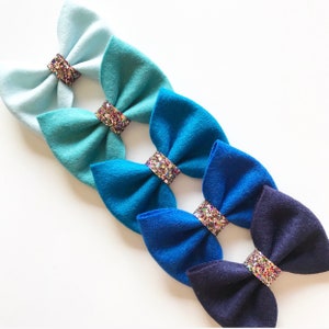 Classic Wool Felt Hair Bow / Baby Headbands / Toddler Hair Clips / Newborn Photo Prop / Girl&#39;s Hair Bow / Blue / Navy / Light Blue