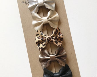 Leather Hair Bow Set, Variety Pack Hair Bows, Genuine Leather Hair Clips