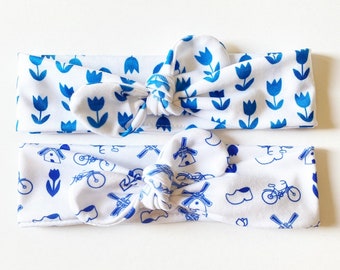 Dutch Tulips / Delft Blue · Top Knot Headband / Adjustable Headband / Head Wrap / Infant Headband / Top Knot / Baby Style / Adult Headband