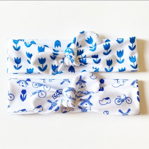 Dutch Tulips / Delft Blue · Top Knot Headband / Adjustable Headband / Head Wrap / Infant Headband / Top Knot / Baby Style / Adult Headband