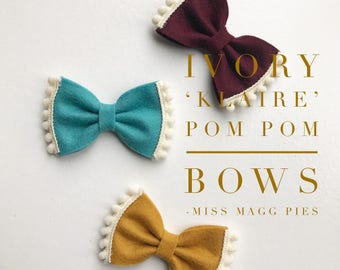 Ivory &#39;Klaire&#39; · Pom Pom Felt Hair Bow / Mini Bows / Baby Headbands / Toddler Hair Clips / Newborn Photo Prop / Girl&#39;s Hair Bow