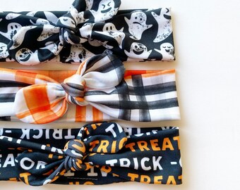 Ghosts Halloween Plaid OR Trick-or-Treat Adjustable Top Knot Headbands for Babies to Adults