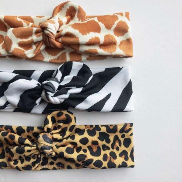 Girafe Zebra et guépard Imprimé · Bandeaux Top Knot / Bandeau réglable / Enveloppement de tête / Bandeau bébé / Nœud supérieur / Style bébé