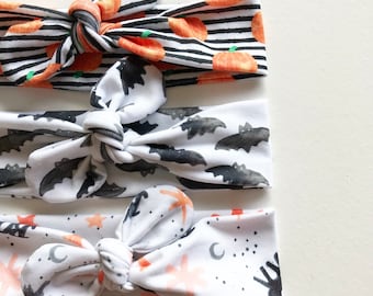 Happy Halloween Pumpkins and Bats Adjustable Top Knot Headbands for Babies to Adults