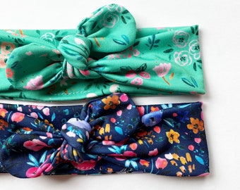 Teal or Navy Floral Adjustable Top Knot Headband for Babies to Adults