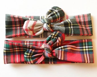 White or Red Tartan Adjustable Top Knot Headbands for Babies to Adults