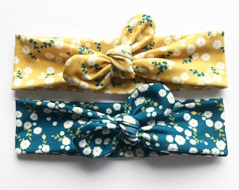 Mustard or Teal Floral Adjustable Top Knot Headband for Babies to Adults