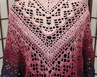 Hand crocheted shawl, pink and blue wrap