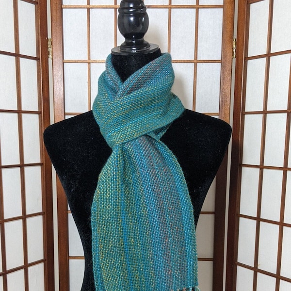 Turquoise green scarf, striped scarf, handwoven