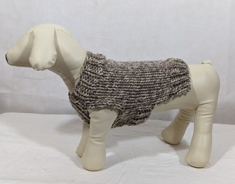 Puede incluir: Un su&eacute;ter de punto marr&oacute;n y blanco para perro en un maniqu&iacute; blanco.