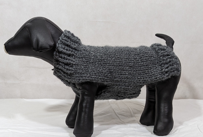 Puede incluir: Jersey de punto gris para perro en un maniqu&iacute; negro. El jersey es de dise&ntilde;o sencillo con cuello alto.