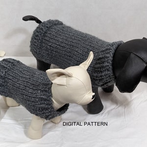 May include: Two grey knitted dog sweaters on mannequins. The sweaters are a simple design with a ribbed texture. The sweaters are on a white background.  DIGITAL PATTERN