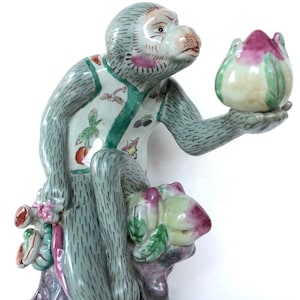 FAMILLE ROSE Porcelain Monkey, MAXIMALIST Trad Home Decor, 1800s Qing Dynasty Asian Art, Gilded Era Decor, Luxury Home Gift, Wedding Gift,