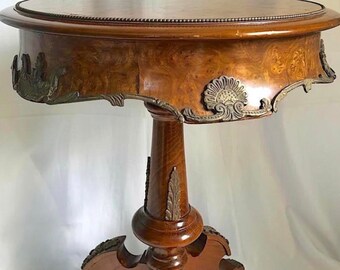 Antique LOUIS XVI Side Table, 19th Century Ormolu Table, Mahogany Burl Wood Round Table, Stealth Wealth Decor, Maximalist Antique Decor