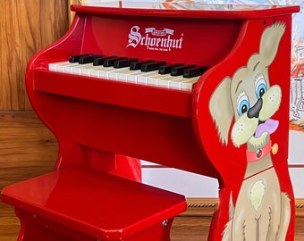 SCHOENHUT Mini PIANO & Bench, Vintage Schoenhut 25 Key Piano, Stand Up Player Piano Replica, Red LACQUER Piano, Vintage Kids Room, Easter