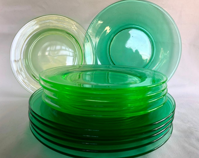 1930s URANIUM GLASS Plates, Vintage Green Glass Plates, Antique Depression Glass Plates, Retro