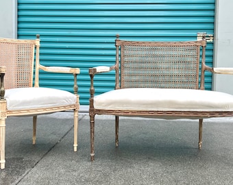 LOUIS XVI Settee and Fauteuil, French CHÂTEAU Maximalist, Hand Carved Cane Back Chair Loveseat, Antique Bridgerton Bergere, Luxury Trad Home