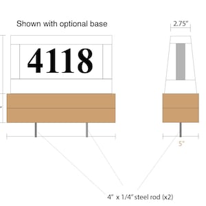 May include: A diagram of a rectangular address sign with the number "4118" in black. The sign is 8 inches tall and 4 inches wide, with a 4-inch base. The sign is shown with an optional base and steel rods.