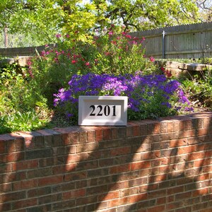 Puede incluir: Una placa de n&uacute;mero de casa blanca con letras negras, que muestra el n&uacute;mero 2201. La placa est&aacute; montada en una pared de ladrillo con un jard&iacute;n de flores en primer plano.