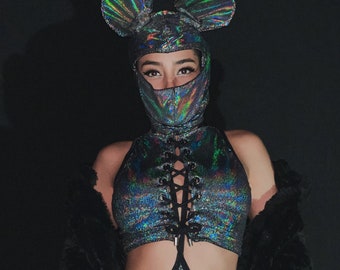 Techno Mouse 2.0 full costume - Ninja Mask, Holographic lace up crop + neck loop bottom