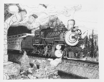 Mountain Pass - 14"x17" Digital print of original steam locomotive train graphite drawing