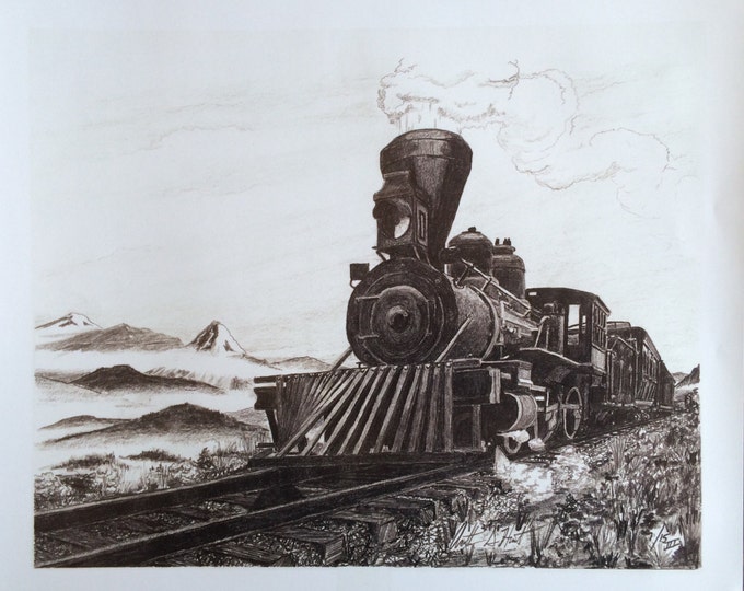 Iron Horse III - 14"x17" Digital print of original steam locomotive train graphite drawing
