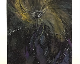 Rogue Black Hole an Original 11”x15” watercolor and ink astrological painting of gas clouds as a black hole flies through pulling in matter