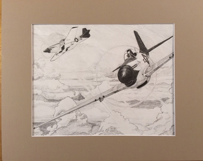 Tuskegee Airmen 332nd P51 Mustangs, Red Tails - Original tribute drawing pencil graphite