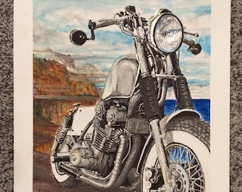 Lost in Coastal Reflections watercolor original bobber cafe racer motorcycle artwork