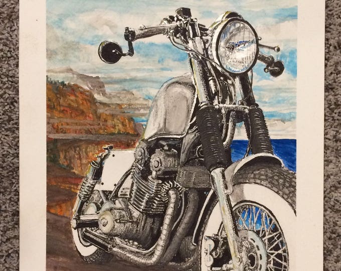 Lost in Coastal Reflections watercolor original bobber cafe racer motorcycle artwork