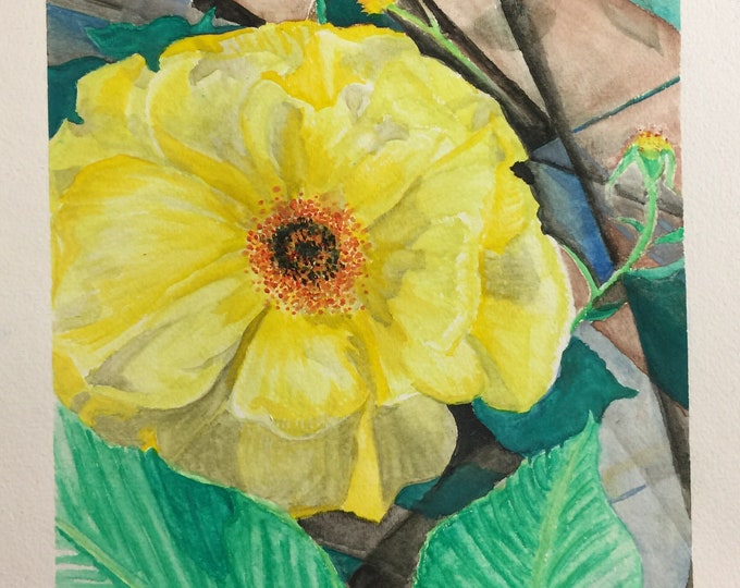 In the Beholder’s Eye - Cubist Yellow Rose original watercolor painting 11”X15”