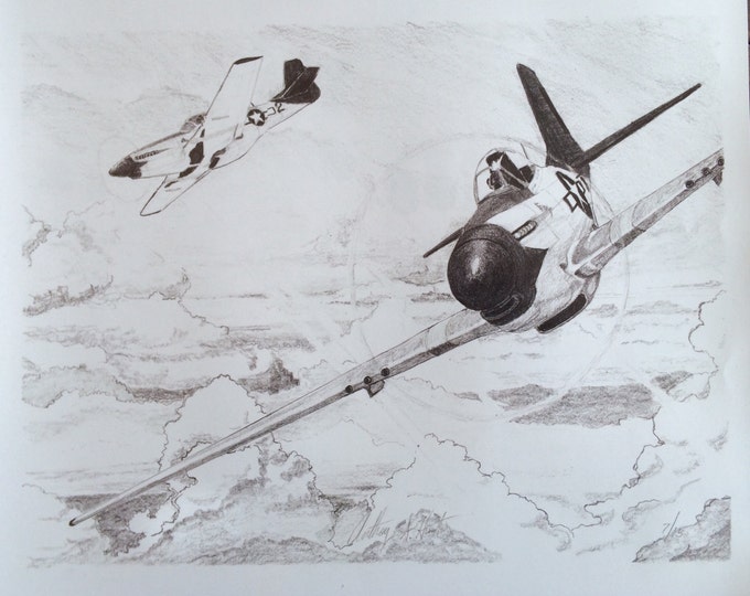 Tuskegee Airmen 332nd P51 Mustang - Digital Print of original graphite drawing