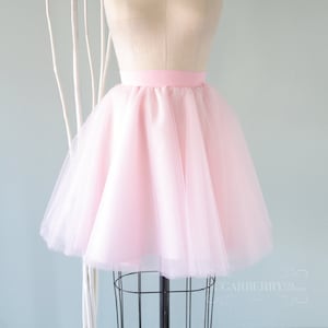 May include: A light pink tulle skirt displayed on a mannequin. The skirt has a wide, matching pink waistband and a full, layered design. The mannequin is on a black metal stand, with white branches in the background.