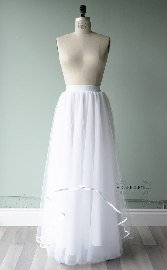 White Tulle Skirt, Satin Trim, Bridal Maxi Skirt, Handmade