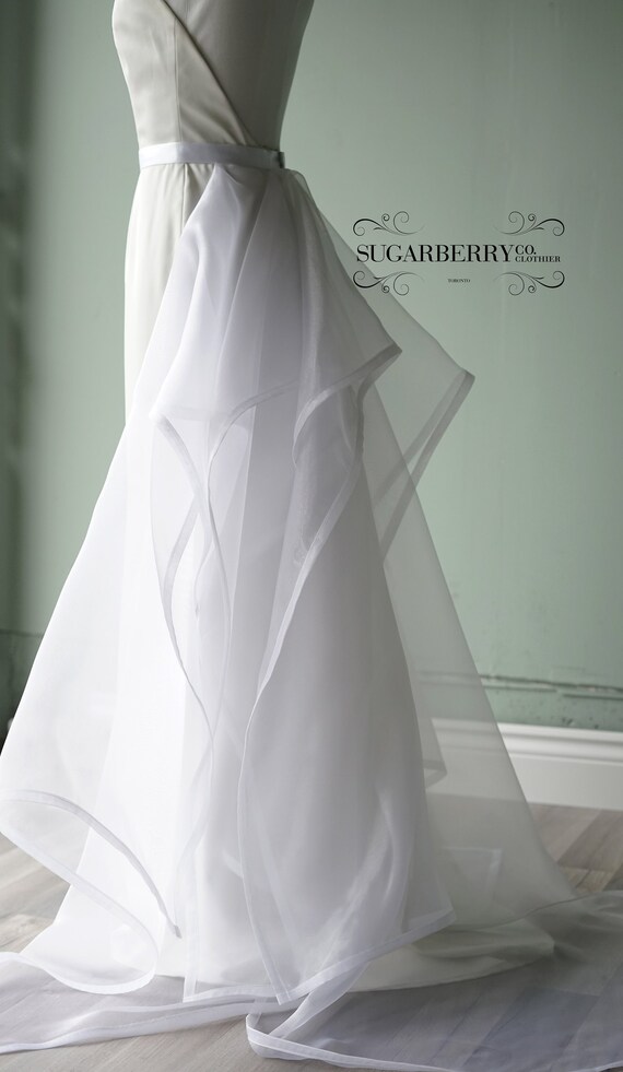 Detachable Organza Bridal Train, White Chapel Length, Satin Waistband