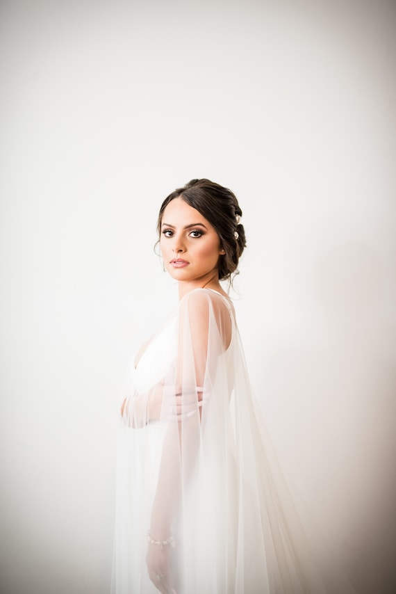 Bridal Cape Light Ivory – Custom Wedding Tulle Cape, Sheer Draped Train, Elegant cloak