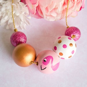 Flamingo Hot Pink Sparkly Wooden Bead Necklace, Hand Painted Made in Australia, Beaded, Metallic Glitter Colourful Chunky Bold Statement