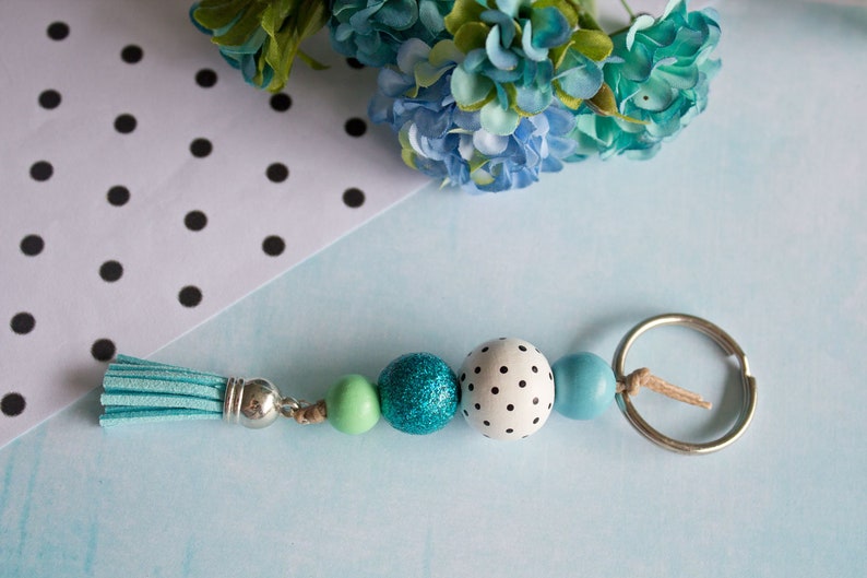 Bead Keyring Keychain Tassel, Blue Polka Dots, Teal Turquoise, Glitter