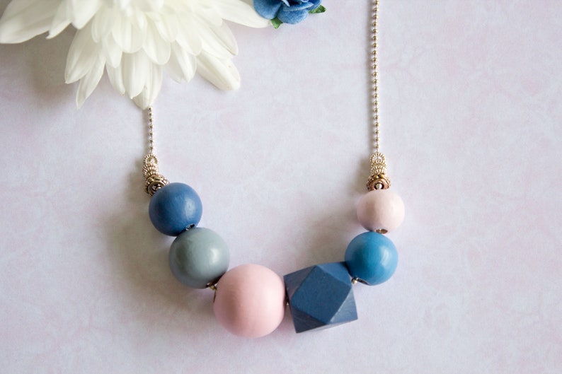 Statement Bead Necklace Round Wooden Beads Hand Painted Made In Australia Modern Minimalist Jewellery Navy Blush Pink Geometric